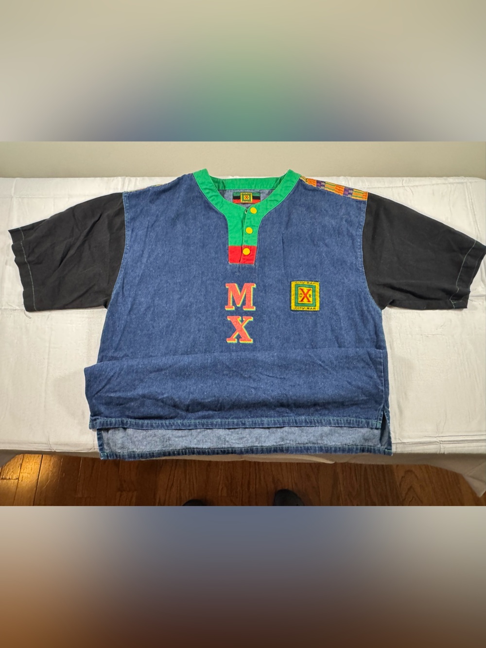 Vintage 1990s hip-hop color-block denim shirt by the brand City Rap